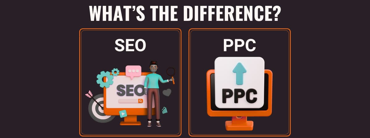 Visual comparison of SEO vs PPC showing two computer screens labeled SEO and PPC under the heading “What’s the Difference?” to illustrate key differences between both marketing strategies.