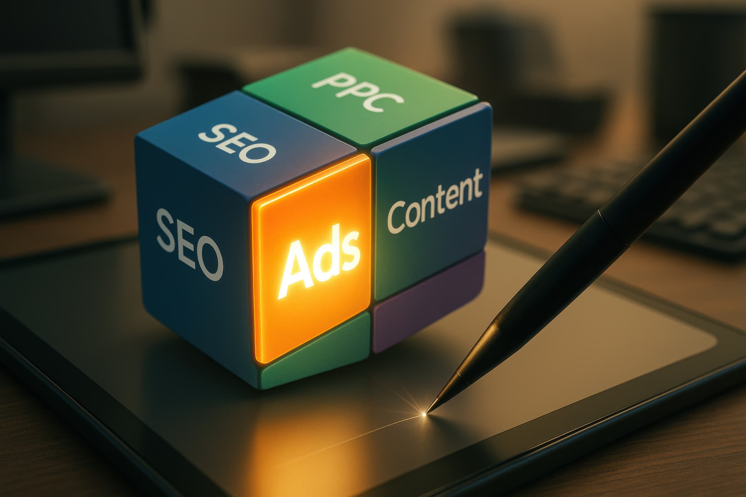 A digital cube displaying SEO, PPC, Ads, and Content on its sides, symbolizing the marketing strategy comparison between SEO vs PPC for small and medium businesses deciding where to invest their budget.