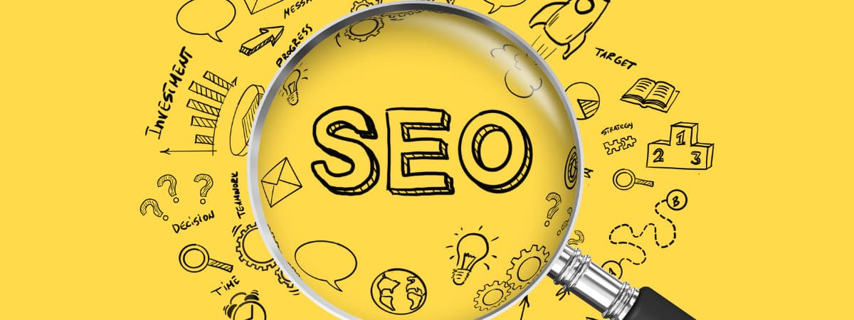 AEO vs SEO vs GEO – Concept of Search Engine Optimization illustrated with magnifying glass and digital marketing icons.
