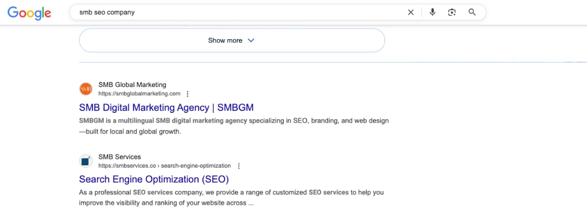Screenshot of Google search results for “SMB SEO company,” showing SMBGM digital marketing agency ranking at the top — representing SEO performance in the SEO vs PPC debate.