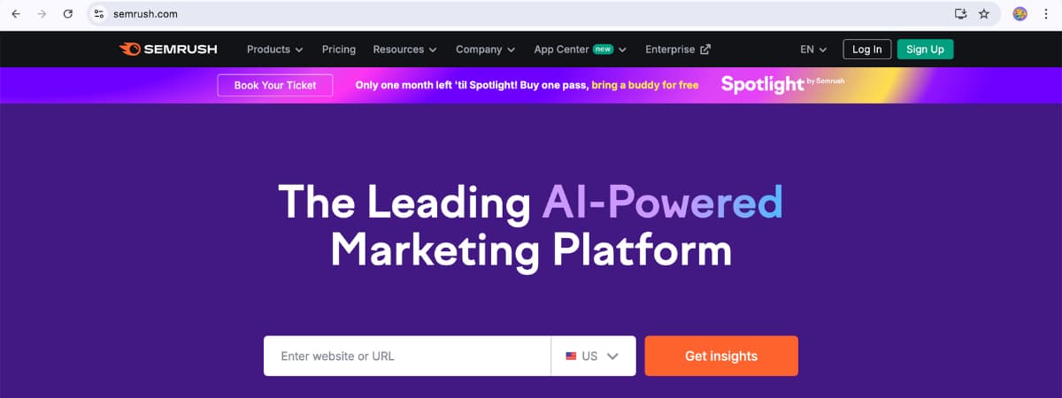 Semrush website showcasing its AI-powered marketing platform for SEO insights and keyword analysis – Best AI Tools for SEO 2025.