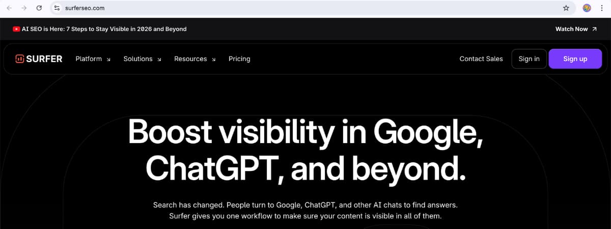 Surfer SEO homepage highlighting AI tools to boost visibility on Google, ChatGPT, and other AI platforms – Best AI Tools for SEO 2025.