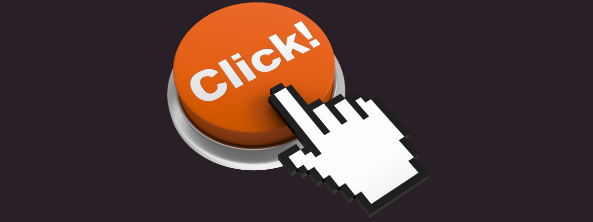 "Answer Engine Optimization concept image featuring a large orange click button with a hand cursor symbolizing zero-click search interactions."