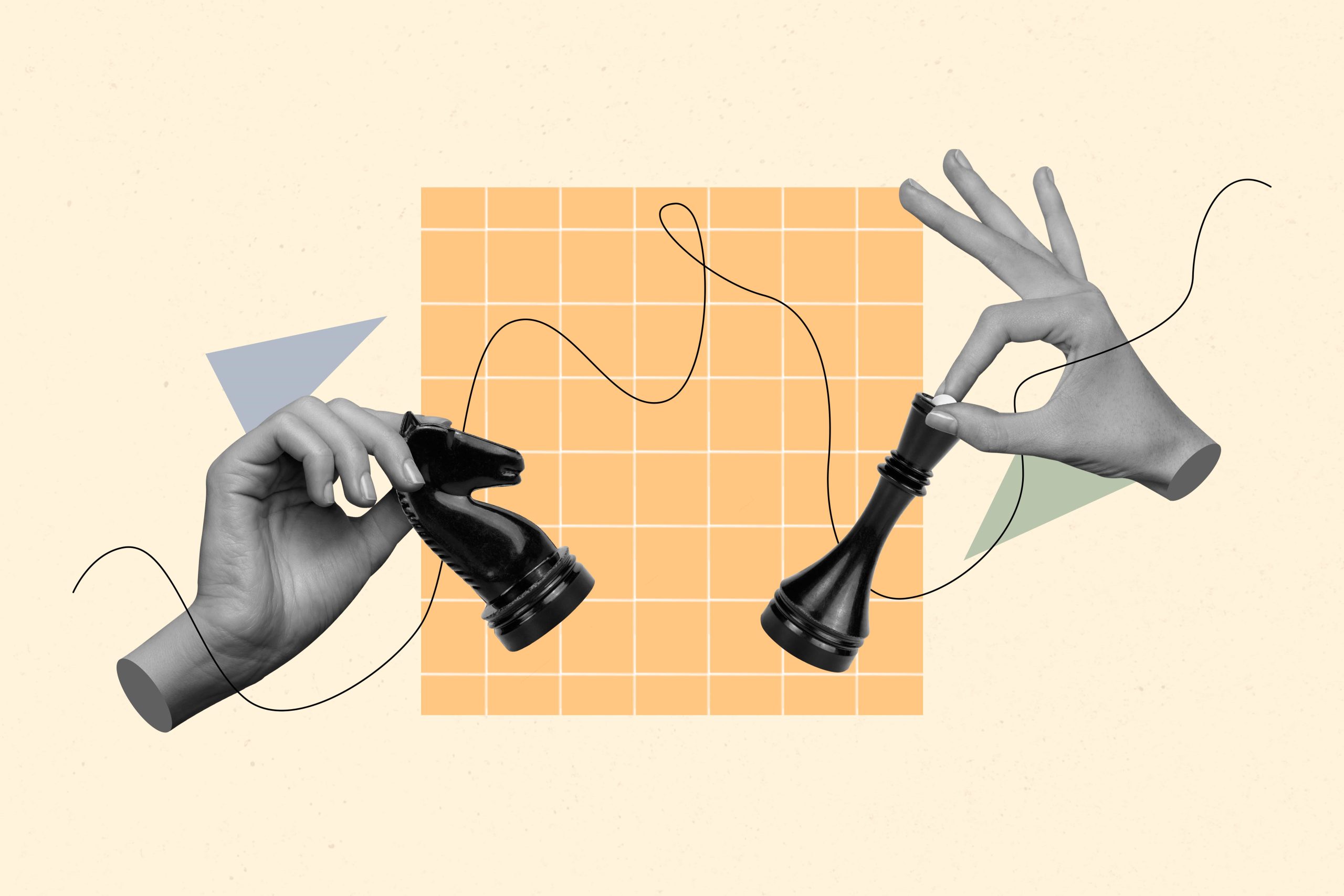 Hands holding chess pieces over grid, symbolizing SEO team strategy to grow your business online