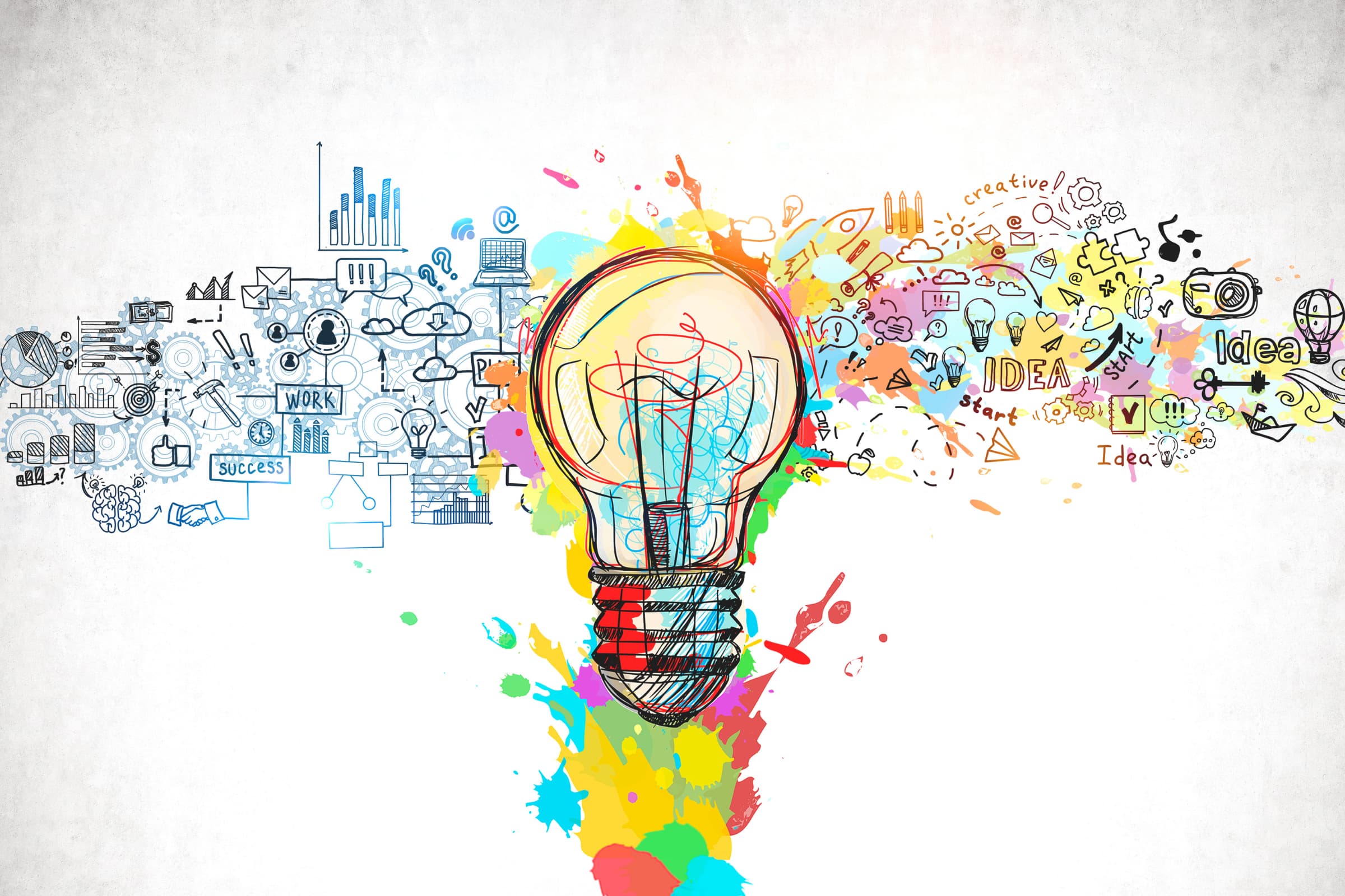 SEO and SEM concept image with colorful lightbulb and doodles of analytics, ideas, and digital marketing.