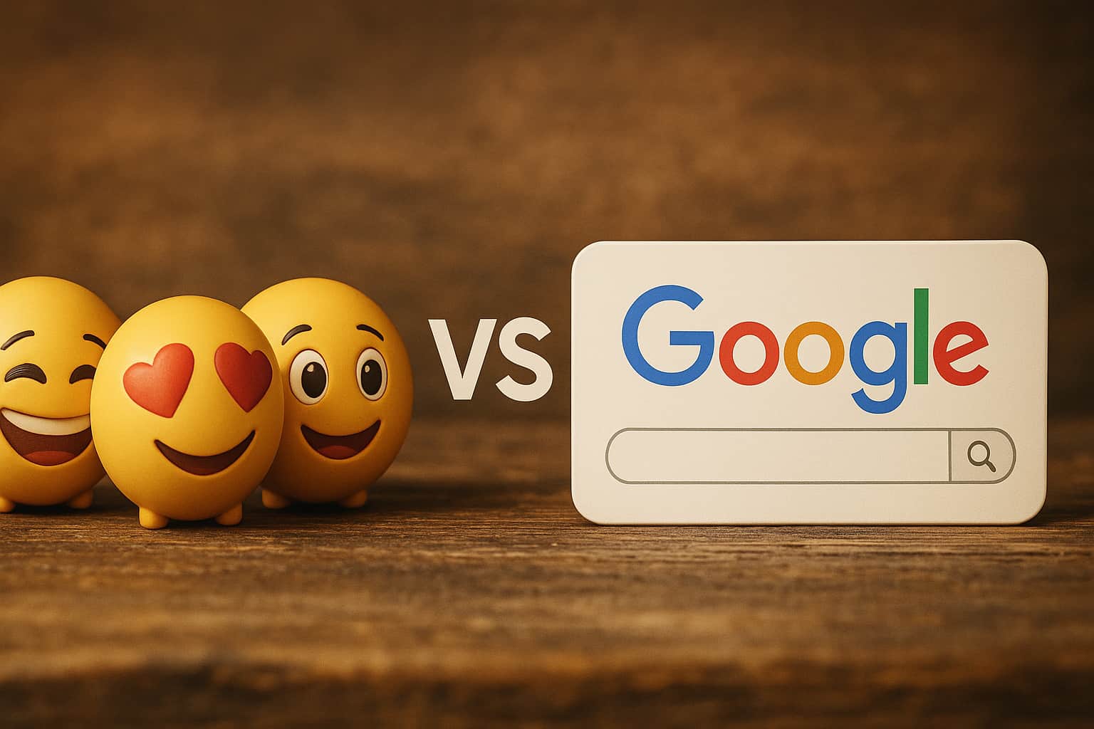 Emojis facing Google logo with search bar, illustrating SEO and SMO comparison for small business.