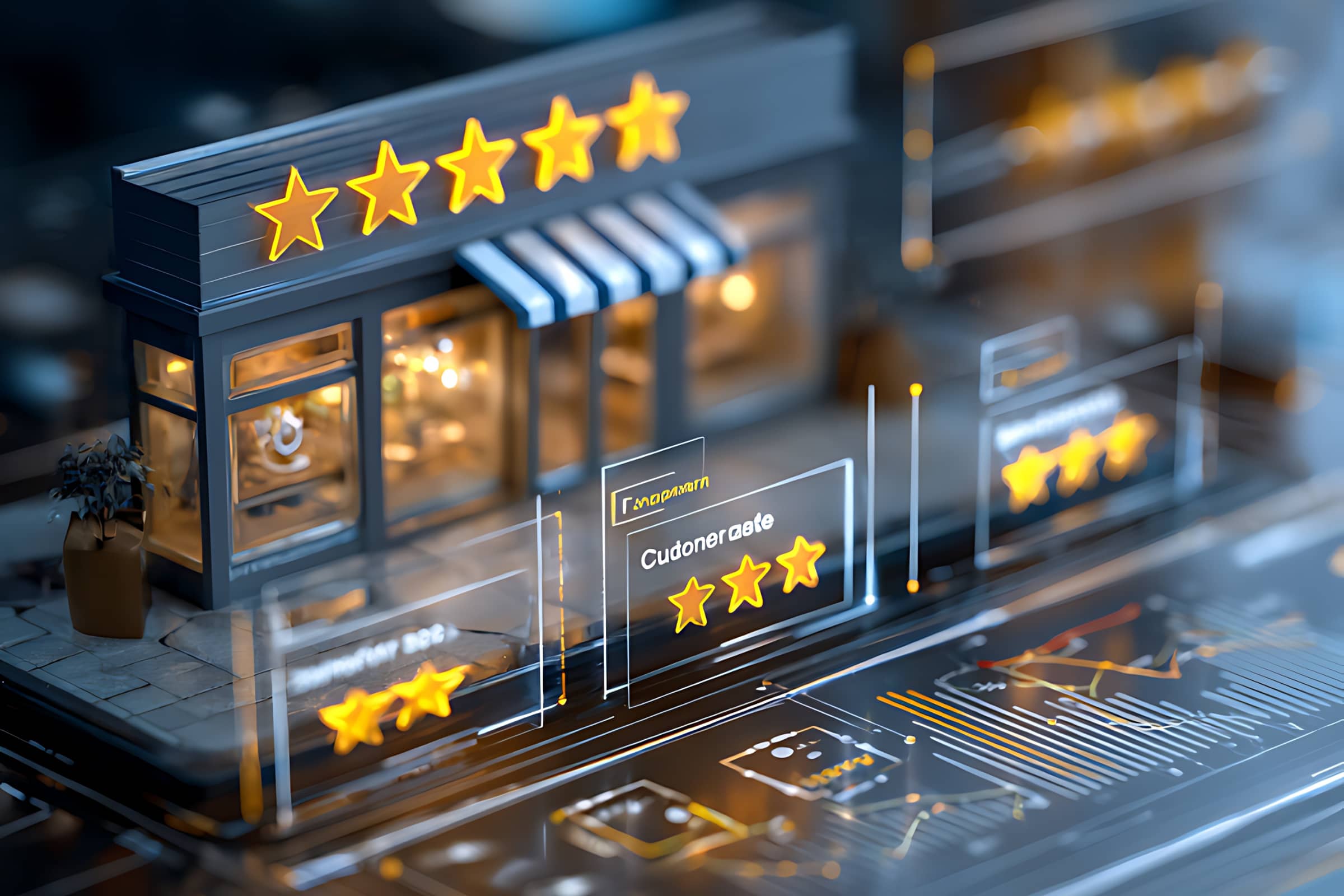 Restaurant SEO concept showing a local restaurant with star ratings and digital search visibility.