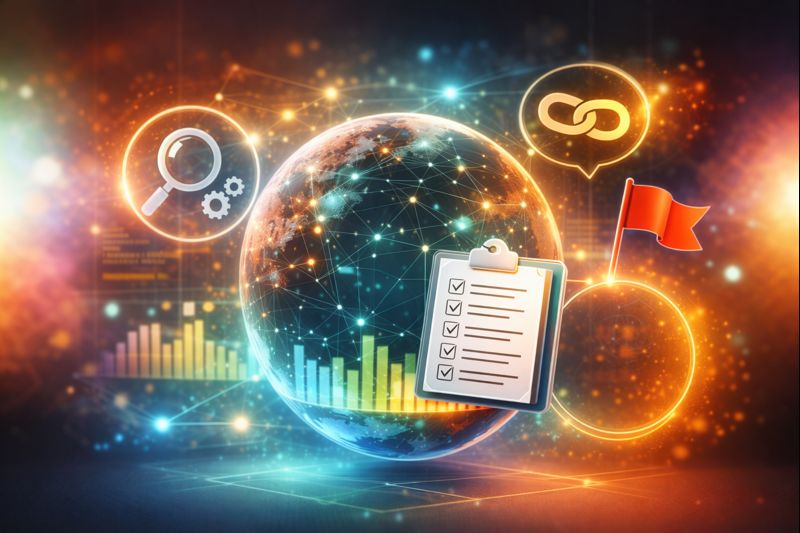 SEO mistakes blocking business growth, shown with search, links, checklist, and warning icons around a digital globe.