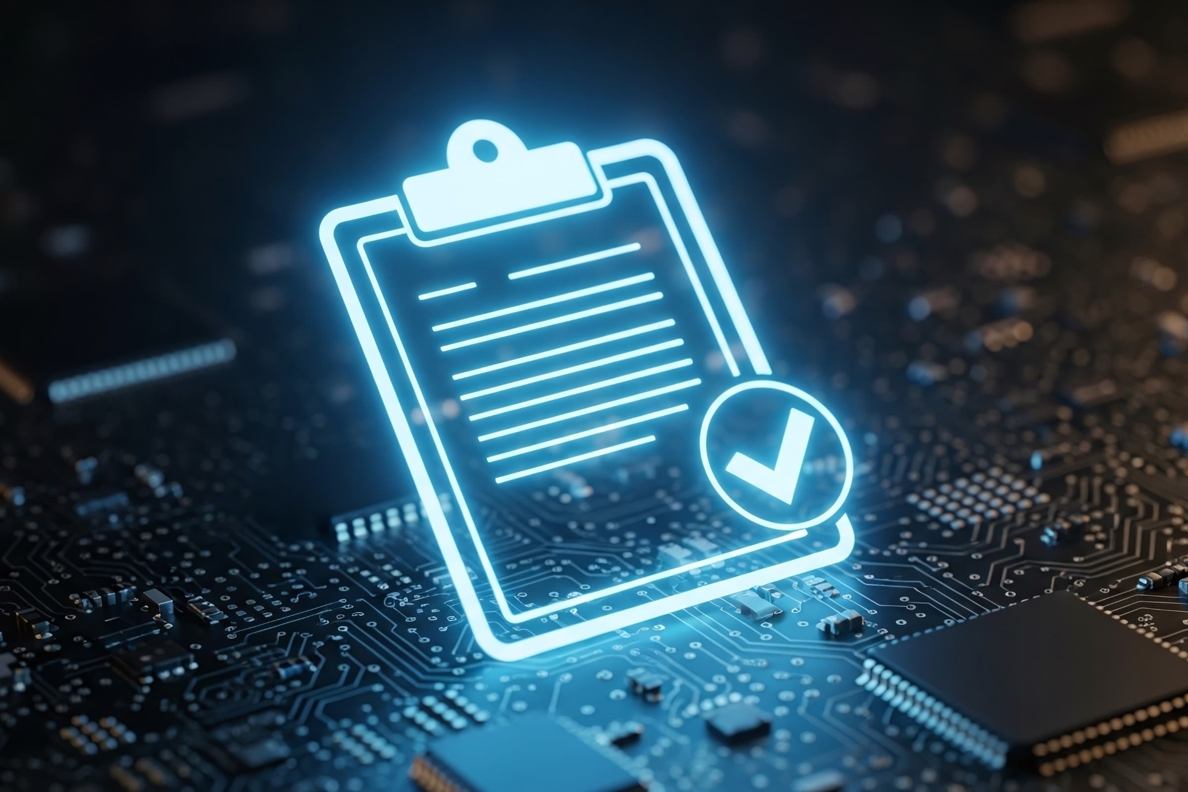 Technical SEO Audit Checklist icon glowing on a circuit board, representing website performance, indexing, and technical SEO checks for SMBs.