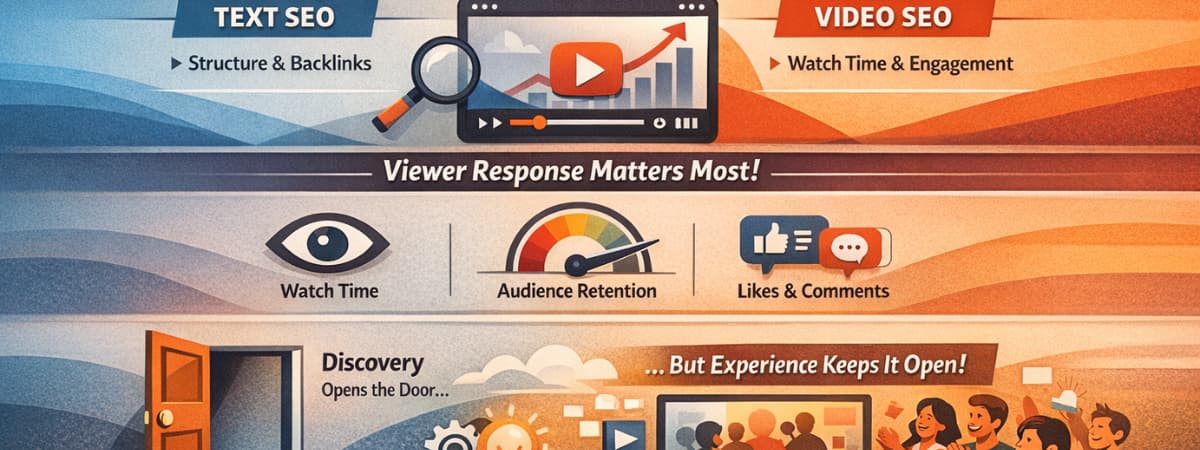 Video Marketing SEO infographic highlighting watch time, retention, and viewer engagement signals